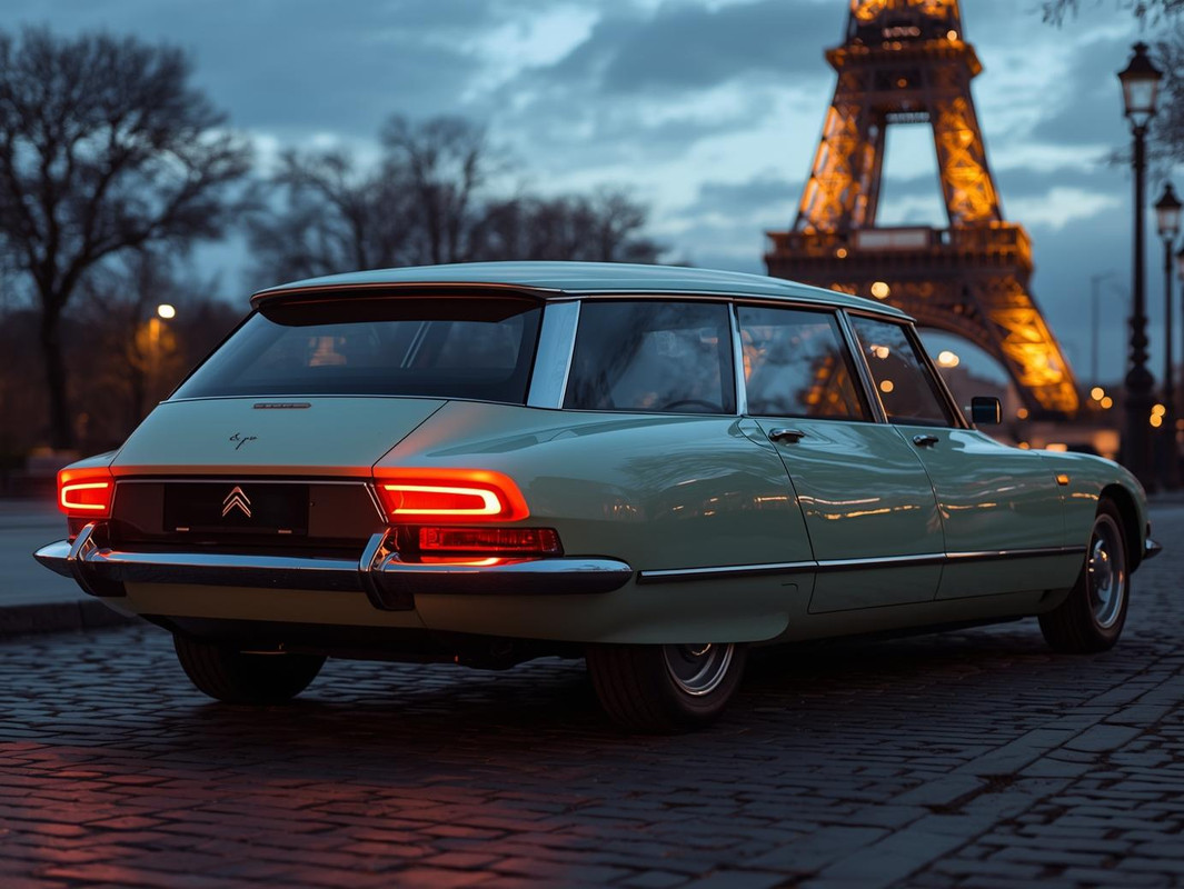 A futuristic reinterpretation of the Citroën DS Break around 1970, viewed from the rear left side, p
