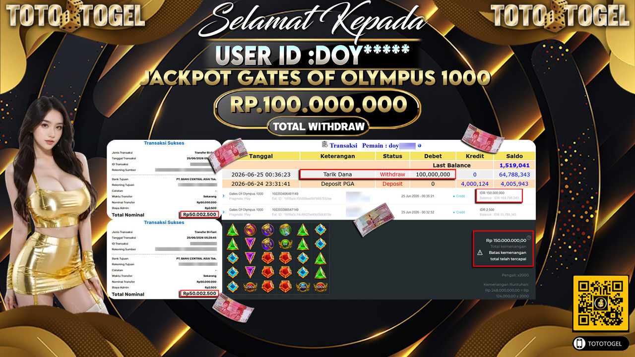 Bukti Pembayaran Jackpot Permainan Slot Gates Of Olympus 1000 ID:DOY*****LUNAS