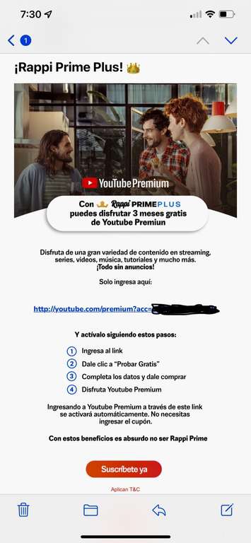 Rappi: 3 Meses GRATIS Youtube Premium (usuarios Rappi Prime Plus) 
