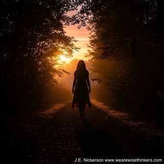 Silhouetted figure walking down a wooded path at sunrise, symbolizing a character’s emotional journey and personal growth.
