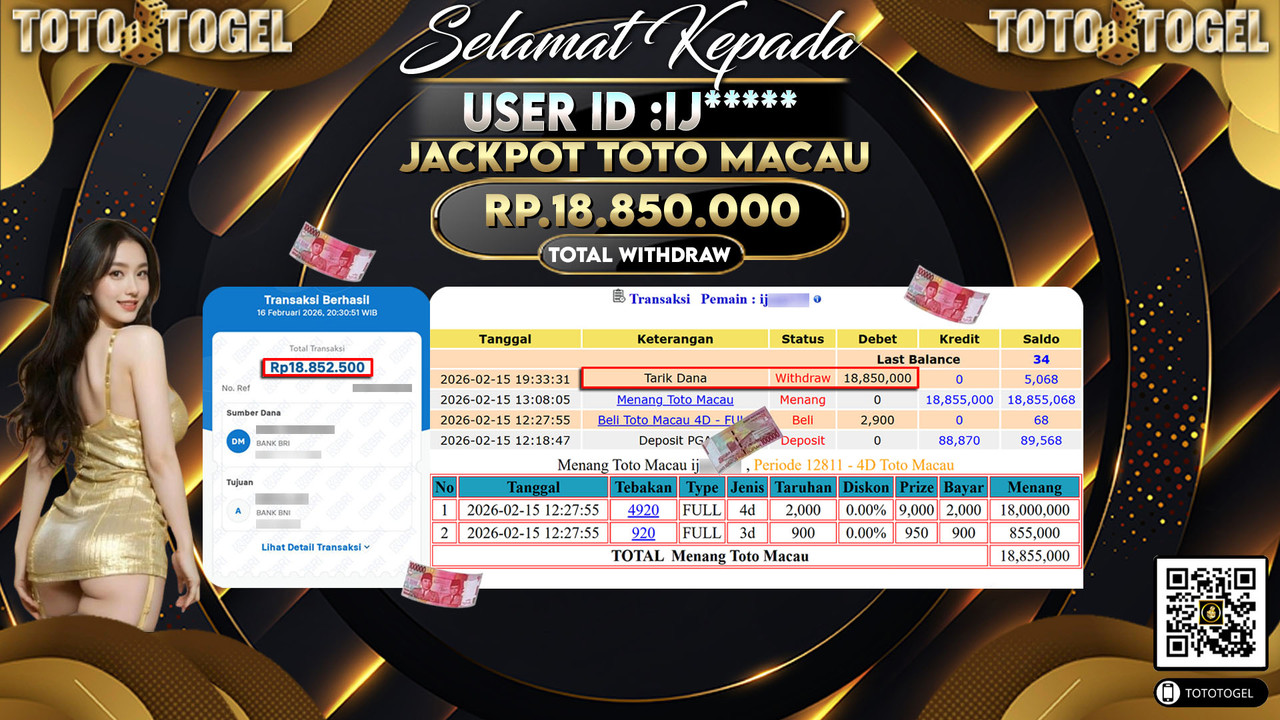 Bukti Pembayaran Jackpot Permainan Togel Toto Macau ID:IJ*****LUNAS
