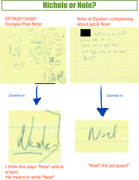 "Noel": Epstein escape note Nichole vs Nole. EFTA00134597. Theory of guard desk doodle
