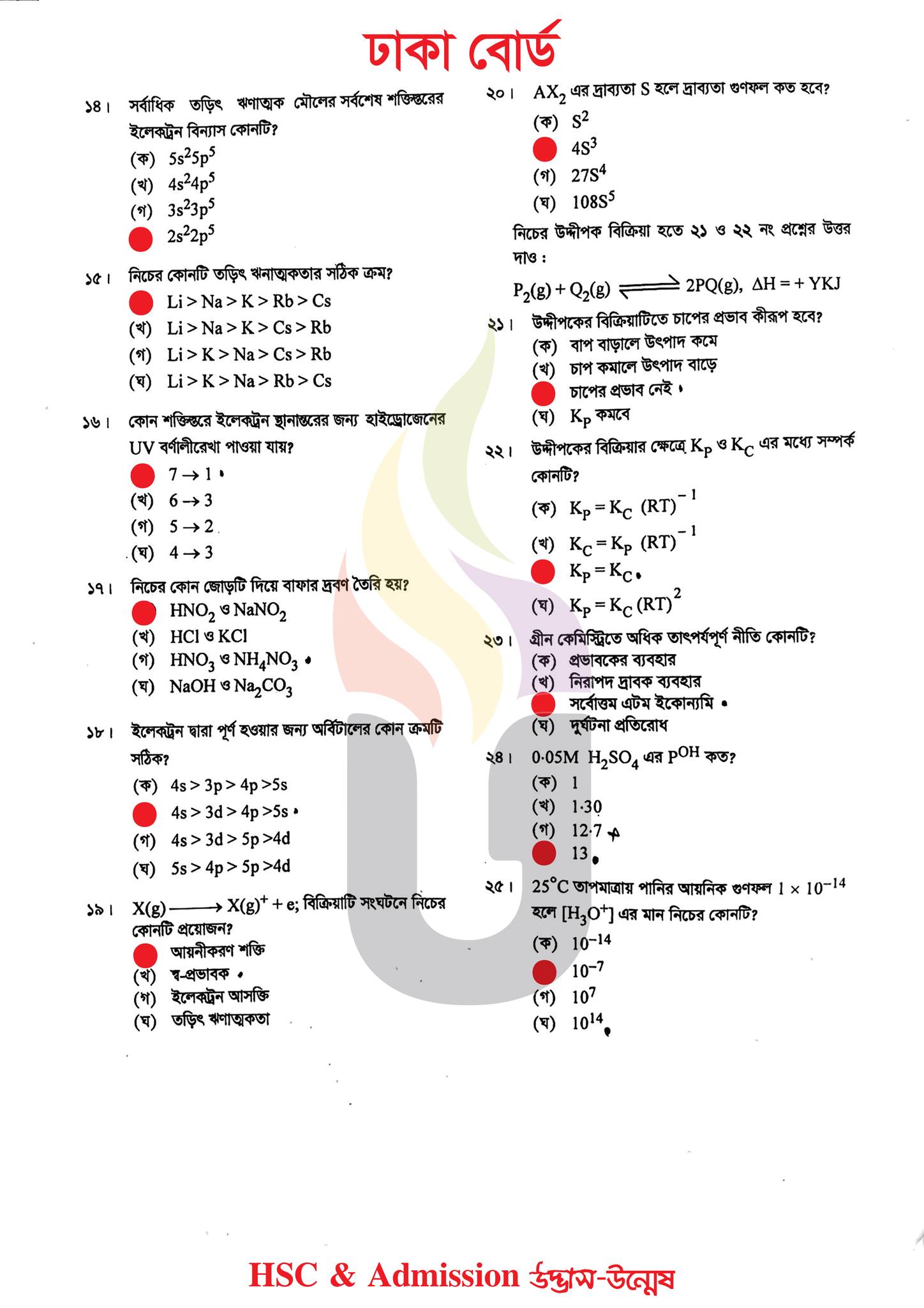 ঢাকা বোর্ড এইচএসসি রসায়ন ১ম পত্র MCQ প্রশ্ন সমাধান ২০২৩