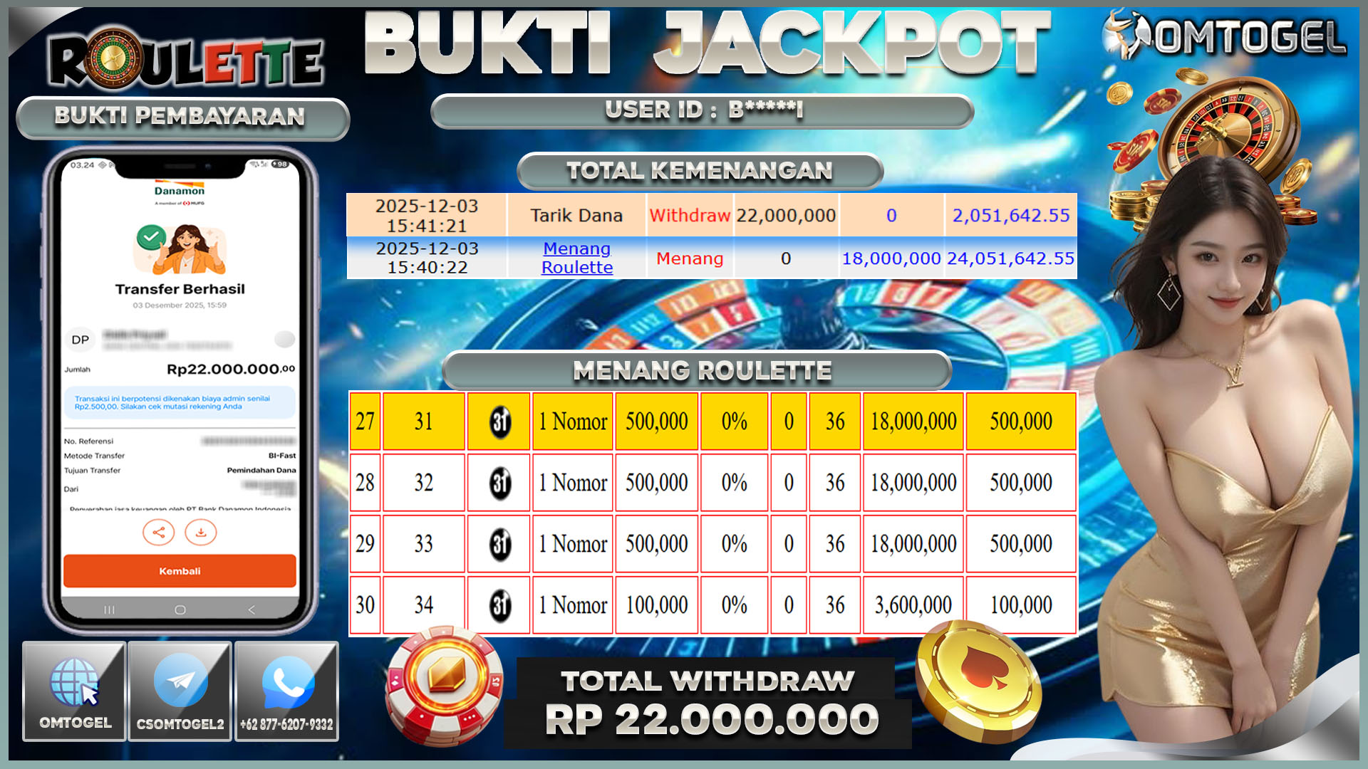OMTOGEL JACKPOT LIVE GAMES ROULETTE ,22 JUTA DI BAYAR LUNAS ,-