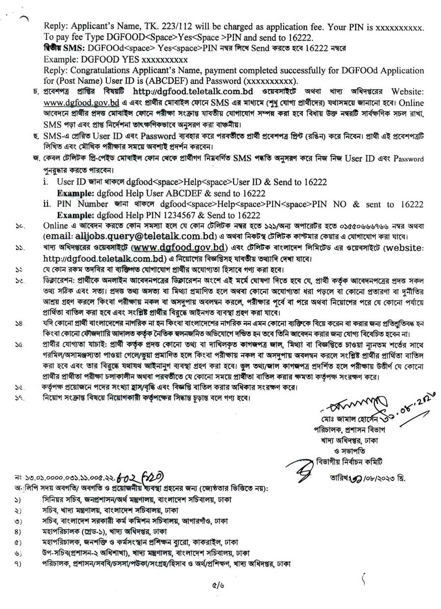 Directorate General of Food Job Circular 2023